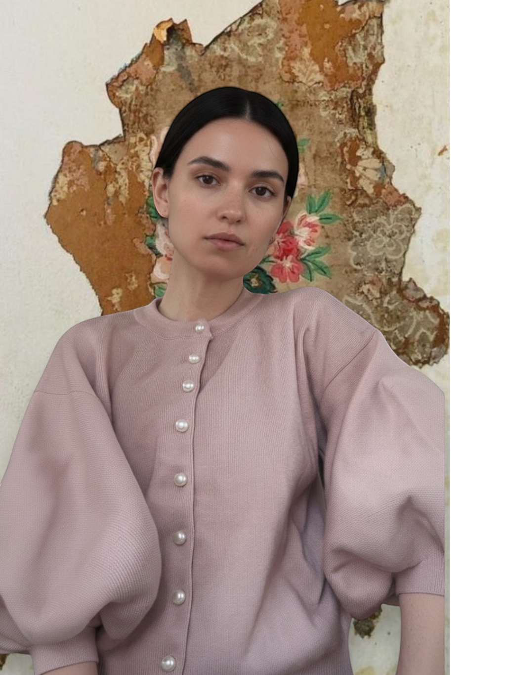 Celeni light pink knit cardigan with pearl buttons and 3/4 puff sleeves, round neck.